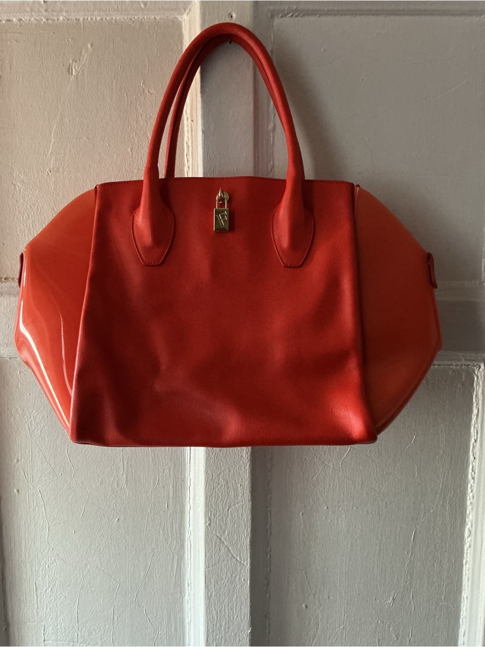 Furla Vibrant Red-Orange Structured Tote with Gold Lock - Picture 1 of 14